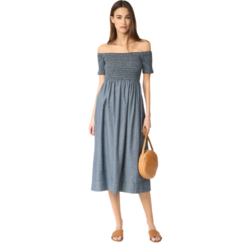 the GREAT. Smocked Midi Dress Womens 1 Small Blue Chambray Off the Shoulder Boho